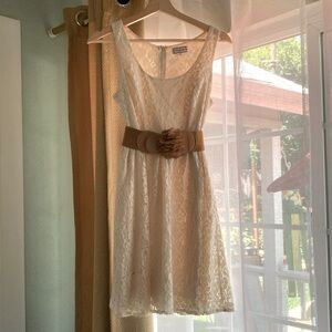 Women’s Soulmates Crocheted Lace Cream Dress with Scoop Neck & Brown belt,size M